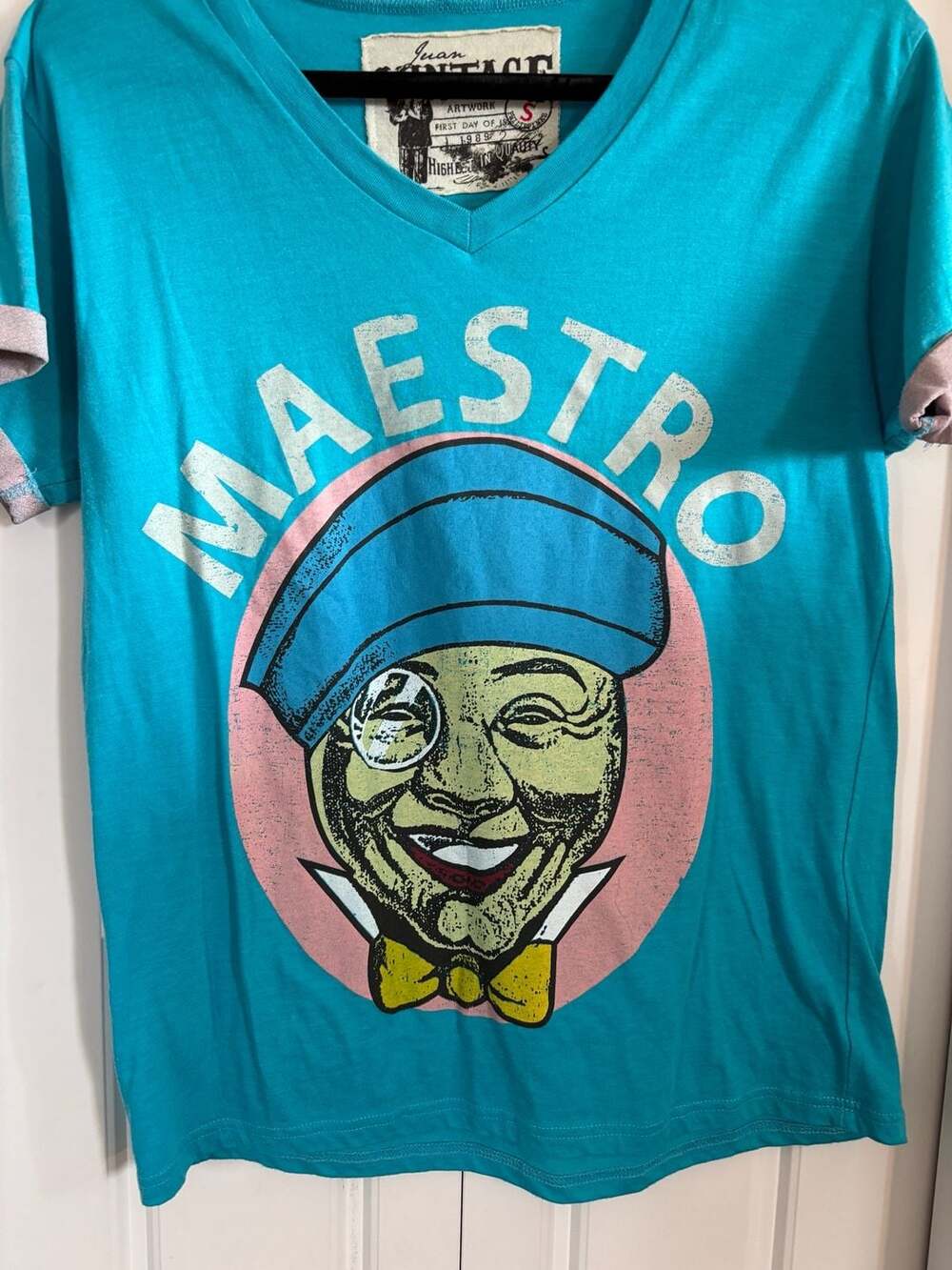 Juan Vintage Maestro Graphic V-Neck T-Shirt Teal Blue Size S